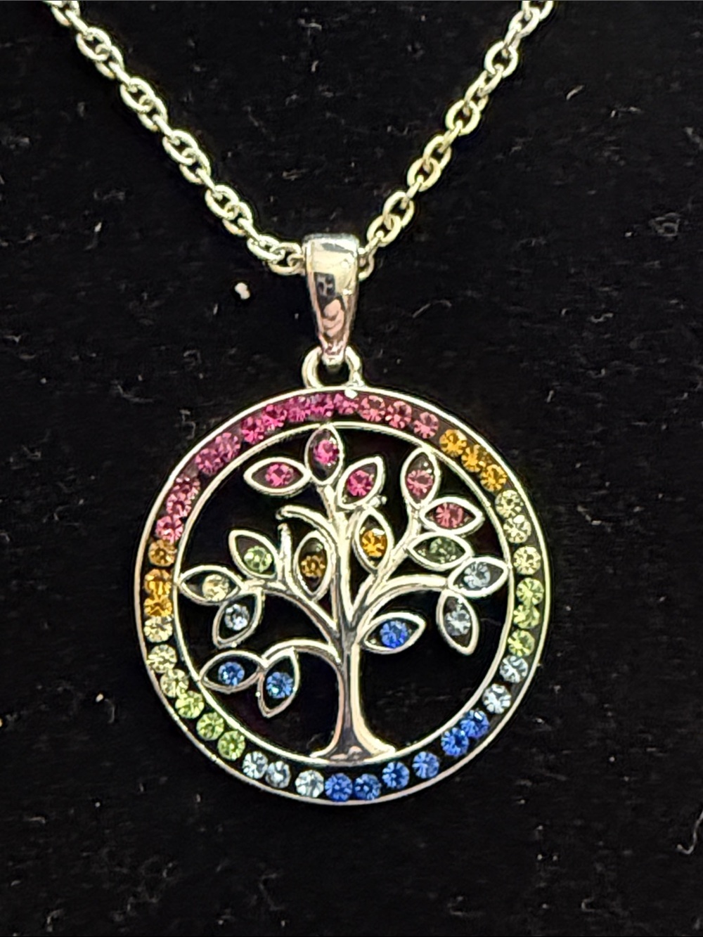 Rainbow Crystal NWT Tree of Life Pendant silver tone necklace